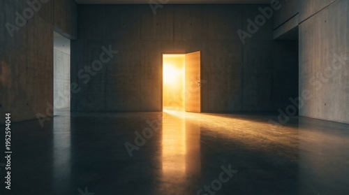 Open door with bright sunlight streaming into a dark, modern concrete room, symbolizing hope and opportunity