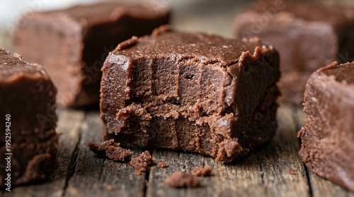 Konstfotografi Rich Chocolate Fudge Squares on Rustic Wooden Table, Close-up Macro Shot