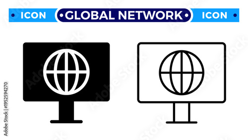 Global Network Connection and World Wide Web Browser on Monitor Vector Icon Set