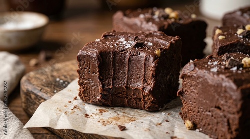Foto Rich Chocolate Fudge Squares Topped with Sea Salt and Nuts on a Wooden Board