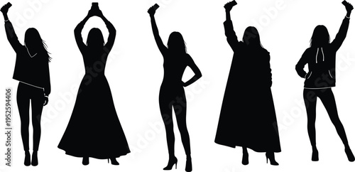 Set of five female silhouettes in various outfits standing and holding smartphones up high taking photos or recording videos at a concert or event