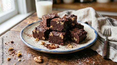 Foto Rich Chocolate Walnut Fudge Squares on a Plate with Milk and Fork
