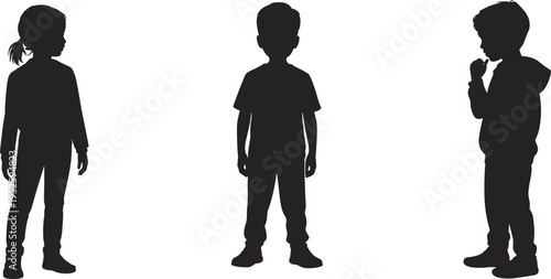 Children silhouettes, standing posture, ponytail figure, relaxed stance, thoughtful pose, childhood design, body language, interaction art, youth icon, simple style