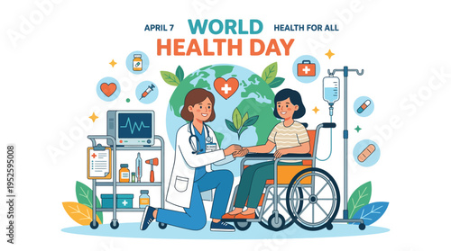 Compassionate medical professional attending to a patient in a wheelchair, surrounded by healthcare equipment, symbolizing universal health access and global well-being for all