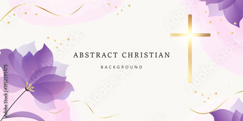 Abstract Christian Background with purple flowers, golden christian cross and watercolor brush strokes. Vector background