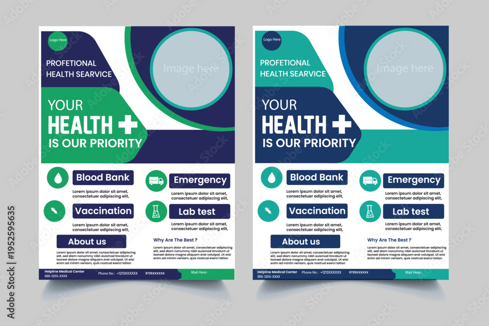 Fototapeta premium Medical Flyer mock up,Medical Services social media post design vector template,Healthcare social media post or medical square banner for hospital clinic promotion with editable content.