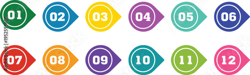 Numbered badge icons set, colorful step labels 01 to 12, infographic markers, UI navigation elements, vector design collection