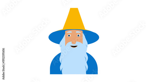 Friendly cartoon wizard character with a long white beard and a pointed yellow hat, magical fantasy illustration on white background