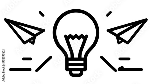Idea exchange and creative communication icon. Lightbulb and paper airplanes symbolizing innovation, startup, and business strategy.