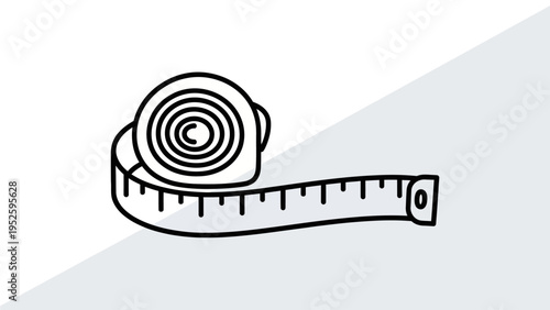 Hand-drawn black and white line art icon of a flexible tailor's tape measure for measuring, sewing, fashion, and body dimensions