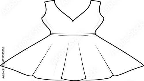 Fashion vector outline of an elegant women's sleeveless V-neck dress with a flared skirt and fitted waist design