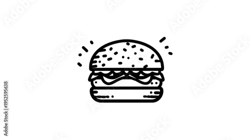 Line art vector icon of a classic hamburger or cheeseburger with sesame seeds on the bun, simple fast food graphic illustration.