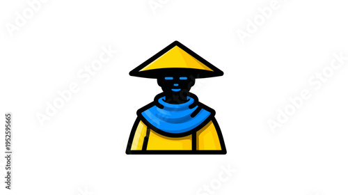 Stylized graphic of a figure in a yellow robe and blue shawl with a traditional conical Asian hat on a white background