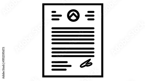 Minimalist Vector Outline Icon of a Formal Business Document, Contract, Agreement, or Certificate with Text and Signature