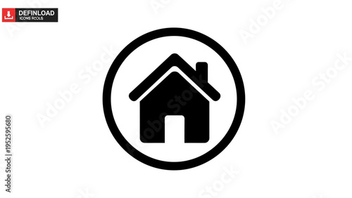 Black home house icon in a circle on white background, representing website navigation, main page, or property symbol