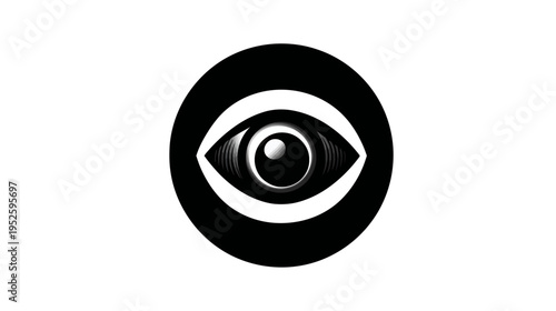 Stylized black and white eye icon within a circular frame, representing vision, observation, and insight