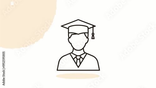 Graduate person outline icon with graduation cap and gown. University student success, academic achievement, college education concept.