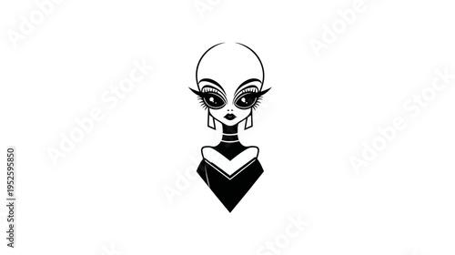 Mysterious stylized bald female figure illustration with large expressive eyes and an elegant dark collar, minimalist black and white art