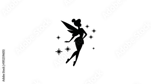 Whimsical fairy silhouette flying with magical sparkling stars. Fantasy and dreamlike mythical creature vector graphic.