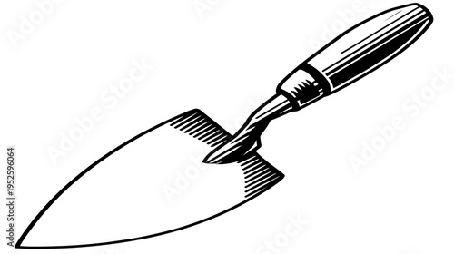 Black and white illustration of a garden trowel, a classic hand tool for digging, planting, and horticulture tasks
