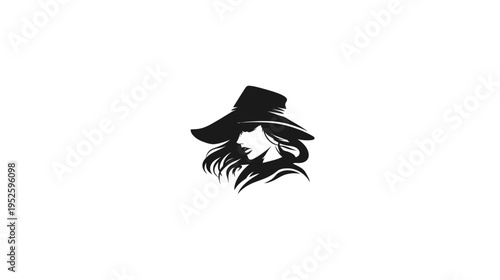 Stylish woman's profile silhouette with a wide-brimmed hat. Elegant female head vector graphic, minimalist design.