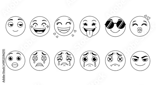 line art emojis in black and white showcasing diverse facial expressions and emotions from happiness to sadness for digital design.