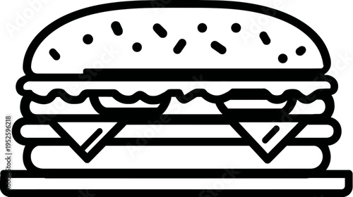 Delicious Fast Food Burger Icon - Outline Drawing of a Classic Cheeseburger Sandwich on a Plate, Meal, Snack
