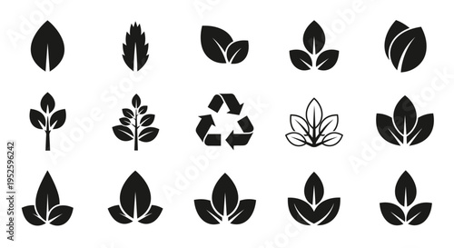 minimalist vector leaf and plant icons set with a recycling symbol ideal for eco-friendly branding natural products and sustainable design.