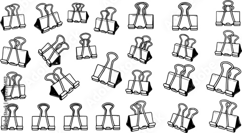 Seamless pattern of black and white line art binder clips in various orientations, illustrating office supplies for stationery, design, or school projects.
