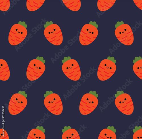 Seamless Easter pattern with repeating cute carrots on a dark background. Minimal flat design suitable for textile prints, wrapping paper, digital backgrounds, and seasonal marketing visuals.