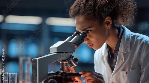 Scientist conducts research using microscope in laboratory setting during evening hours
