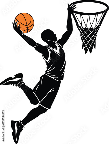 Basketball player silhouette performing a powerful slam dunk, Professional basketball athlete jumping to score with orange ball