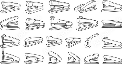 Variety of Stapler Icons Vector Set: Detailed Black and White Line Art Illustrations of Office Stationery Tools and Equipment for Desk and Document Binding.