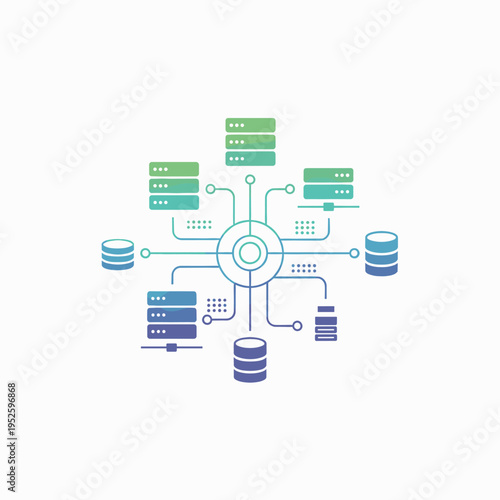 Centralized data processing hub connecting multiple servers and databases in a network infrastructure.