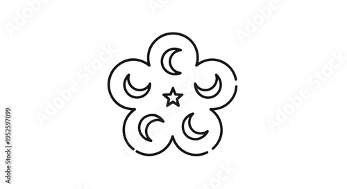 Minimalist Celestial Flower Graphic with Five Crescent Moons and Center Star Line Art