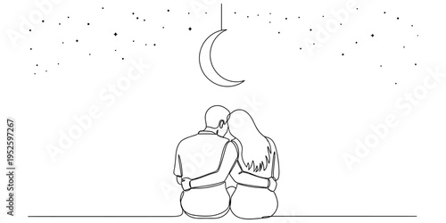 Romantic Couple Sitting Under Moon and Stars Continuous Line Drawing