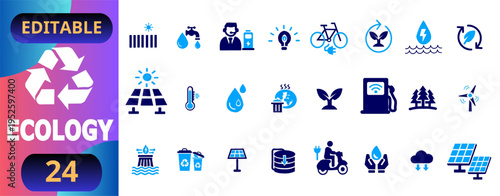 Ecology sustainability flat icons set renewable energy water recycling nature conservation solar panels wind turbines electric transport environmental protection symbols