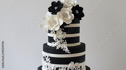Elegant black and white multi-tiered cake showcasing bold stripes, intricate sugarpaste lace patterns, and a gorgeous bouquet of black and white sugar flowers, ideal for sophisticated celebrations.