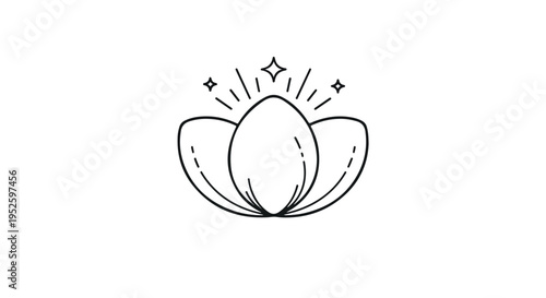 Minimalist lotus flower line art vector icon with sparkles and stars isolated on white