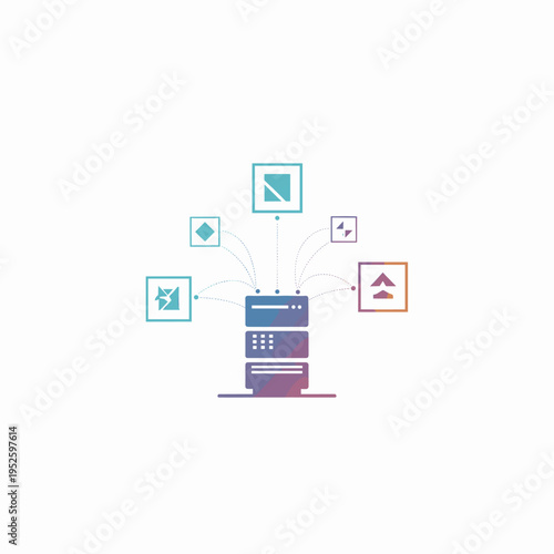 A server rack processing and distributing data to various abstract geometric icons, symbolizing data management and connectivity.