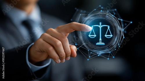 Unrecognizable businessman touching a digital balance scale icon with AI and data network interface, artificial intelligence ethics, regulation and responsible technology