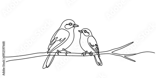 Two Birds Sitting on Tree Branch Continuous One Line Drawing