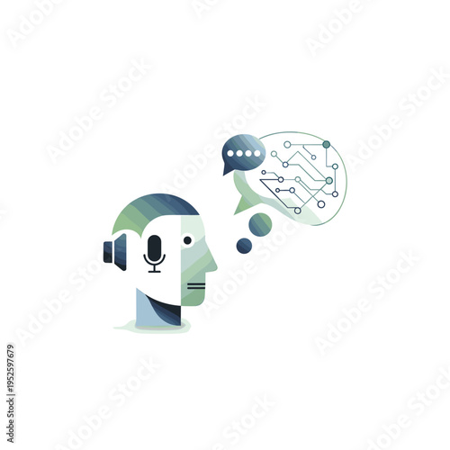 AI voice assistant concept with human head and circuit board speech bubble.