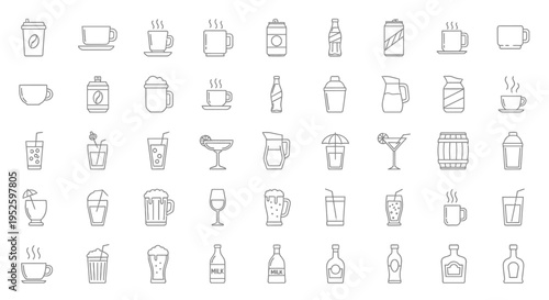 collection of minimalistic line art drink icons featuring various beverages like coffee tea and cocktails ideal for menu design.