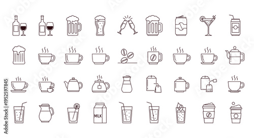 drink icons collection featuring various beverage types for food and drink menu design and refreshment choices