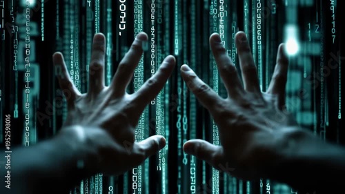 Hands stretch out towards cascading digital code, creating a sense of connection with the virtual world in a futuristic environment