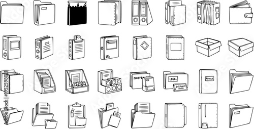 Hand Drawn Document, File, Folder, and Office Storage Icons - A comprehensive collection of sketch-style symbols for organizing and managing information.