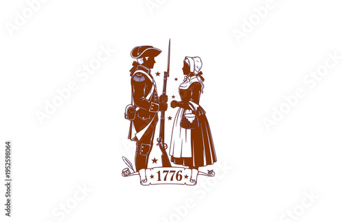Colonial American 1776 Couple Silhouette, Revolutionary War History Vector Sticker, Founding Era Patriot Romance Illustration