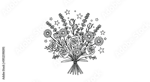 Flower bouquet line art illustration with roses daisies and stars for coloring page