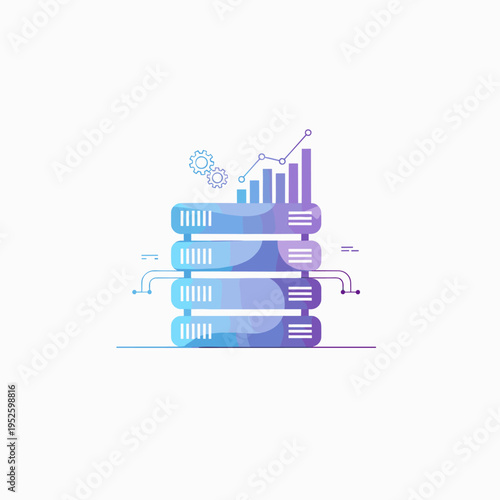 Gradient illustration of server racks with data analytics chart and gears, symbolizing data processing and technology.